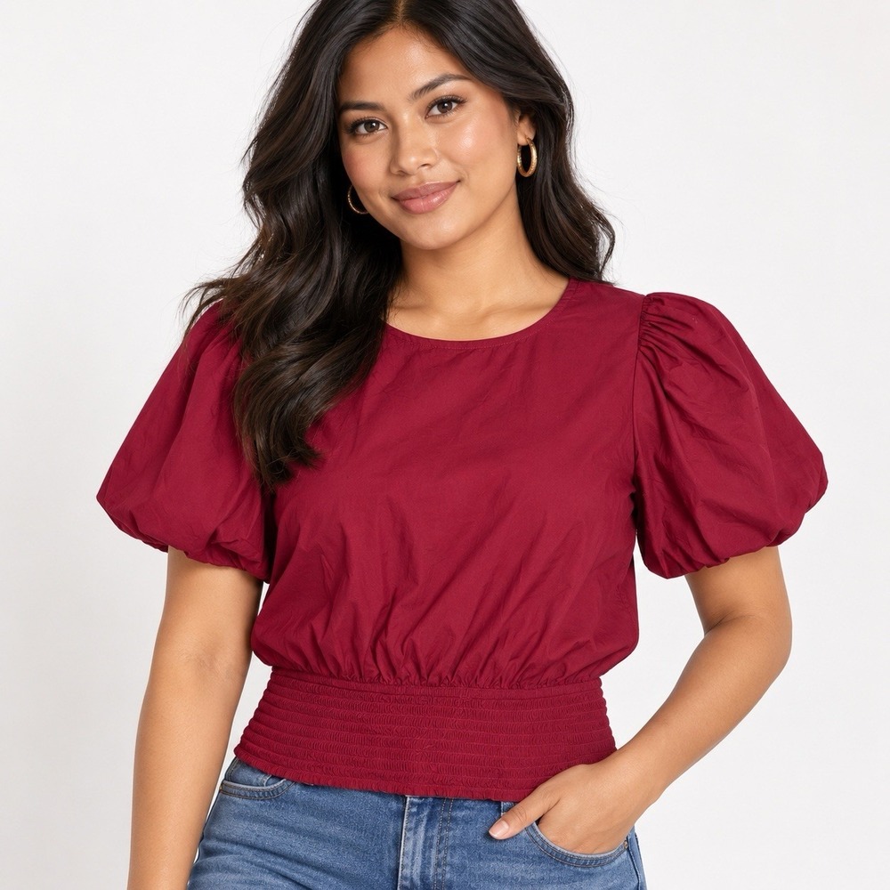 Coco + Jaimeson Maroon Puff Sleeve Top Women's Small Romantic Boho Chic Cottage